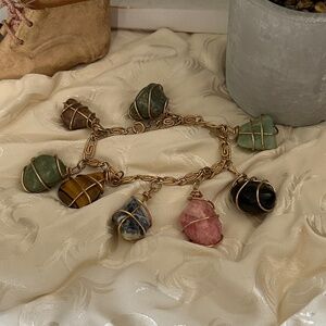 Vintage Gold Toned Paperclip Chain Bracelet With Caged Polished Stone Charms